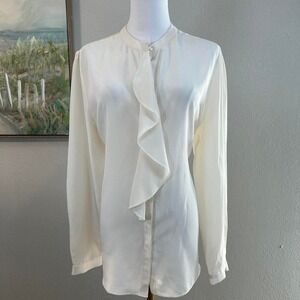 REISS Ivory Silk Ruffle Front‎ Blouse Long Sleeve Minimalist Workwear Top Sze 10